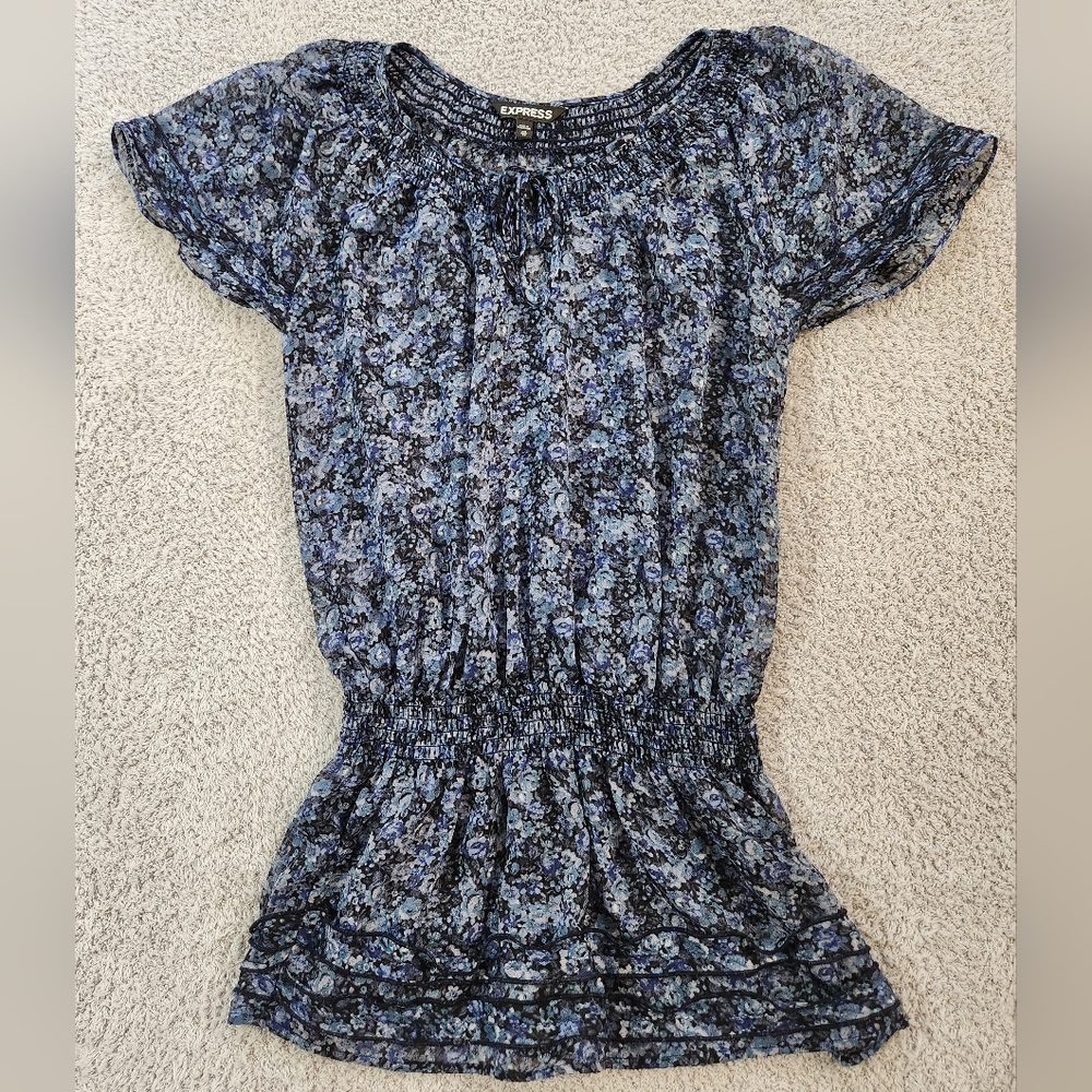 Express Blue Flower Pattern Ruffle And Smocking E… - image 1